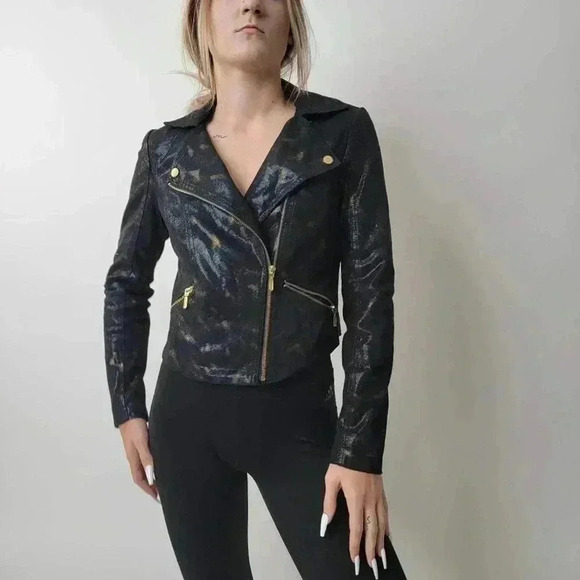Rock & Republic Metallic Snake Skin Vegan Leather Moto Jacket - S - Picture 6 of 11